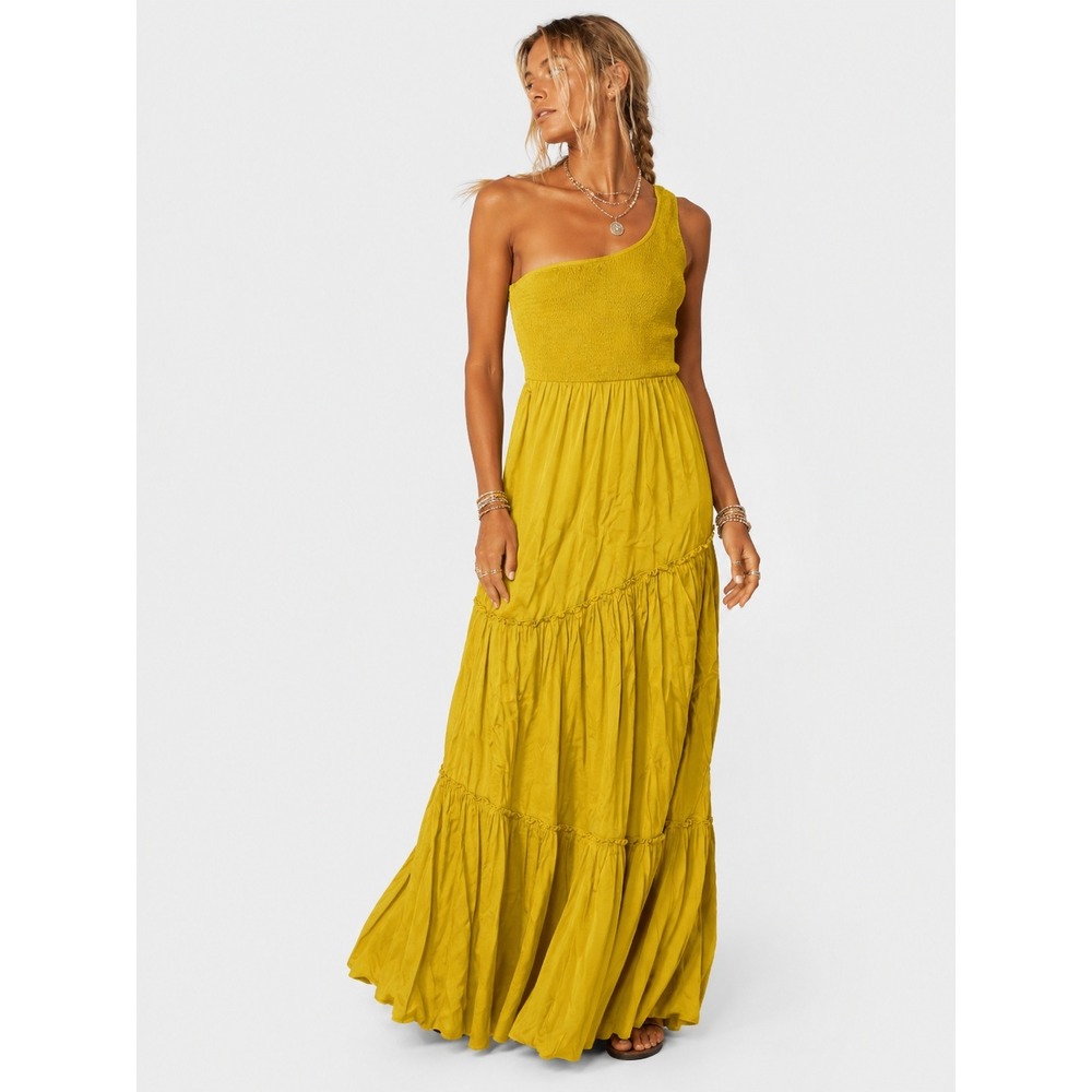 Soma WKND One Shoulder Smocked Tiered Maxi Boho Dress Yellow S NWOT New